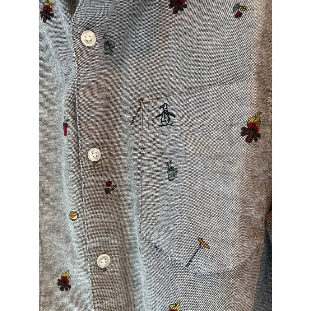 Heritage Slim Fit Penguin Button-Up Shirt With Campfire Print Gray Long-Sleeve C - Picture 3 of 7